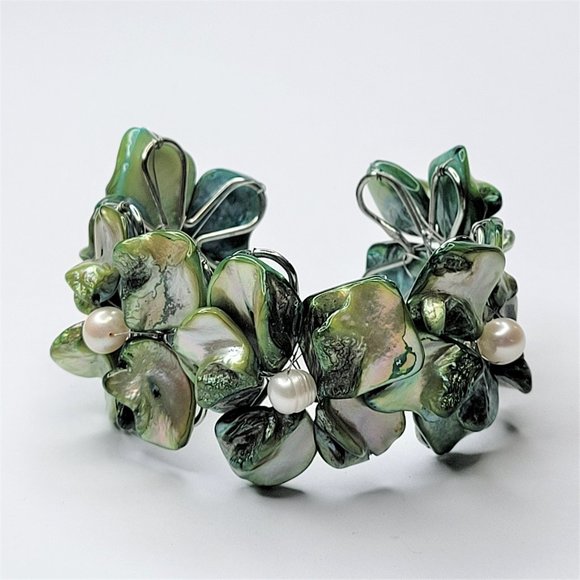 Green Pearl Adjustable Cuff Bangle Bracelet- NEW - Picture 13 of 13